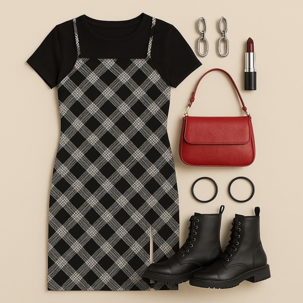 No Boundaries Black & White Plaid Jumper Dress – Size Large